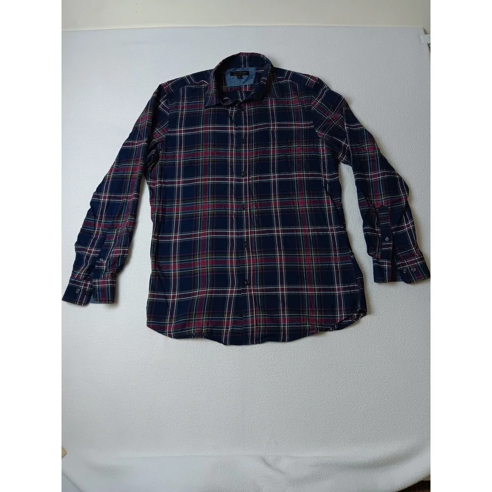 Banana Republic Mens Slim Fit Stretch Soft Wash Plaid Button Down Shirt Navy L